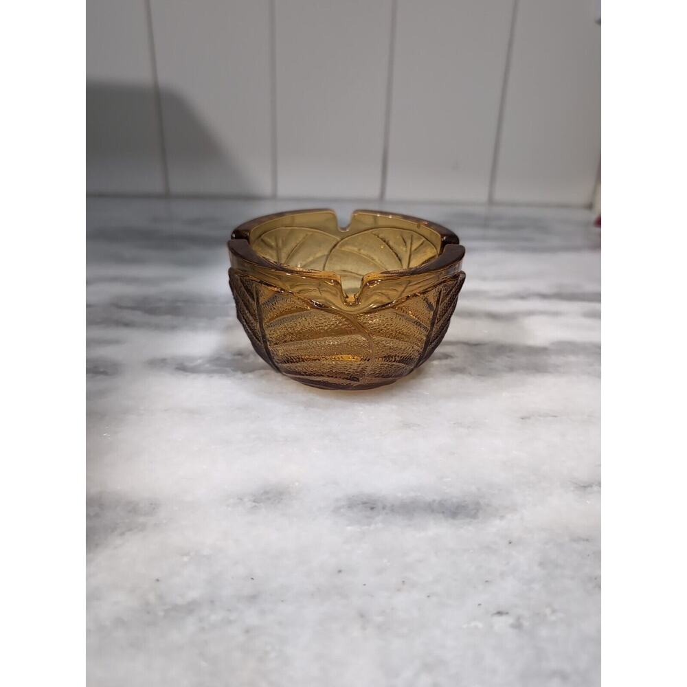 Amber Glass‎ 4 Slot Ashtray with Fall Leaves Design, Honey Gold Ash Tray, Autumn